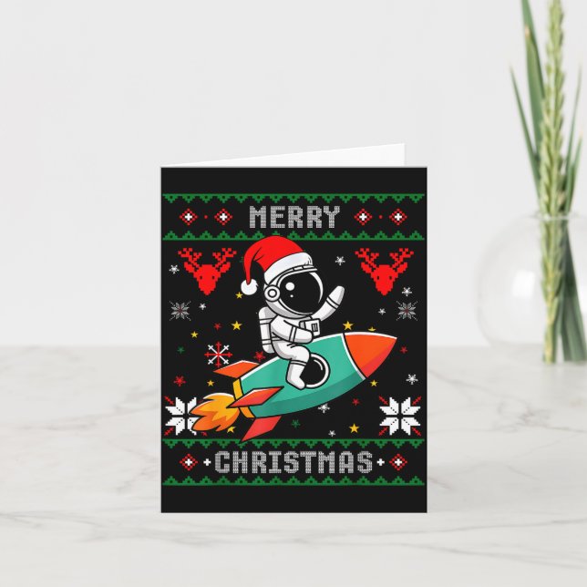 Tarjeta Ugly Christmas Astronaut Riding Rocket Santa Hat T (Anverso)