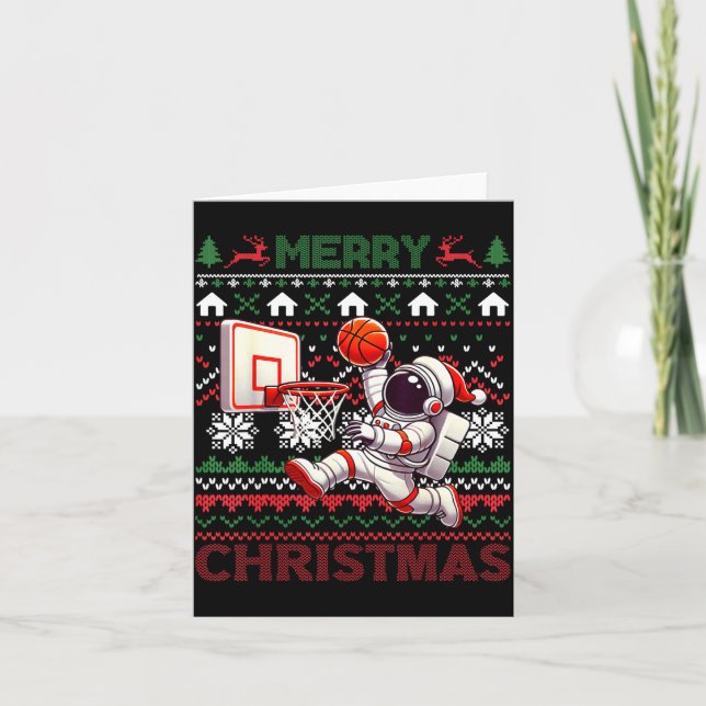 Tarjeta Ugly Merry Christmas Astronaut Dunk Santa Hat Snow (Anverso)
