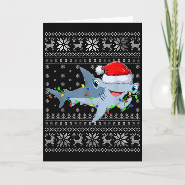 Tarjeta Ugly Sweater Xmas Lights Santa Hammerhead Shark Ch (Anverso)