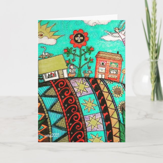 Tarjeta Un ángel de pueblo de arte popular en Pysanka (hue (Anverso)