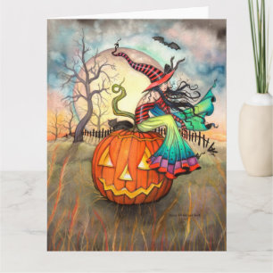 Tarjeta Un Arte de Bruja de Halloween con una Calabaza Gig