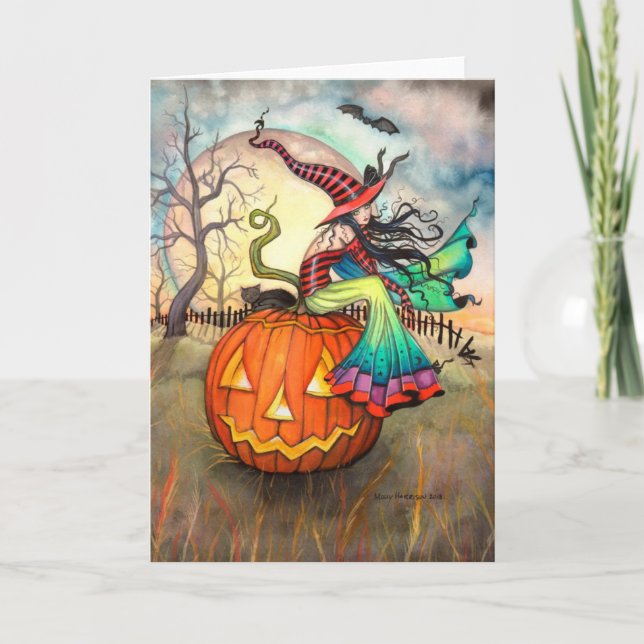 Tarjeta Un arte de Halloween del gato de la bruja de la (Anverso)