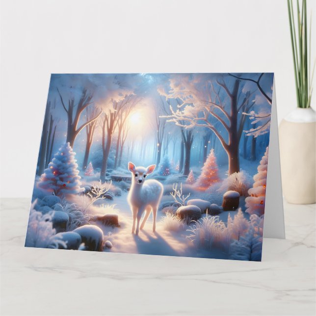 Tarjeta Un bebé venado adorable en un bosque de invierno (Anverso)