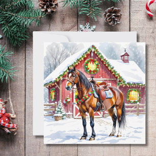 Tarjeta Un caballo marrón festivo y Navidades del granero