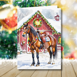 Tarjeta Un caballo marrón festivo y Navidades del granero 