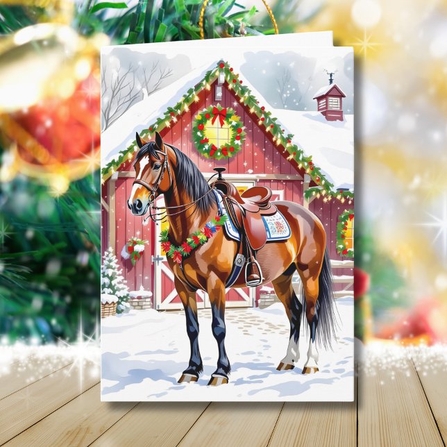 Tarjeta Un caballo marrón festivo y Navidades del granero  (Subido por el creador)