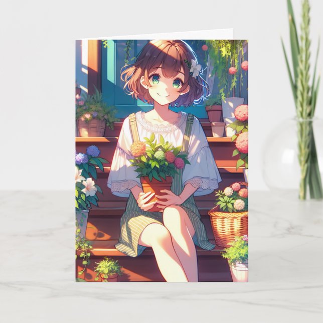Tarjeta Un Chica de anime lindo sostiene una planta pensan (Anverso)