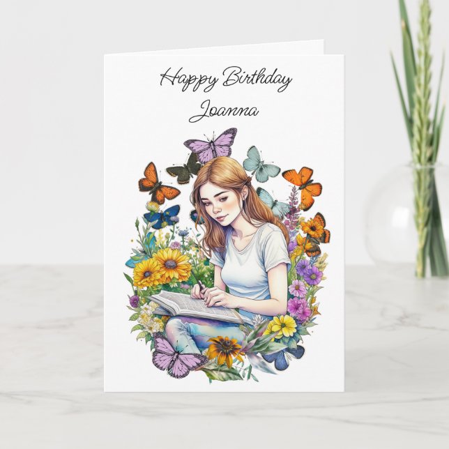 Tarjeta Un Chica, un diario, mariposas, cumpleaños persona (Anverso)