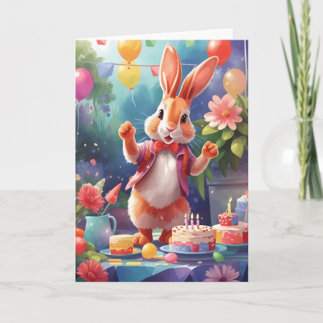 Tarjeta Un conejito lindo, sonriente celebrando en la mesa (Anverso)
