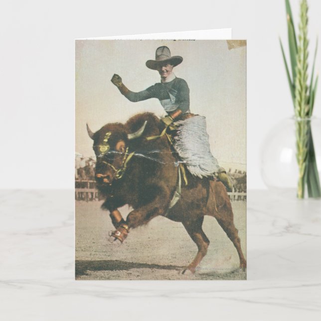 Tarjeta Un Cowboy feliz con un Búfalo balbuceador. (Anverso)