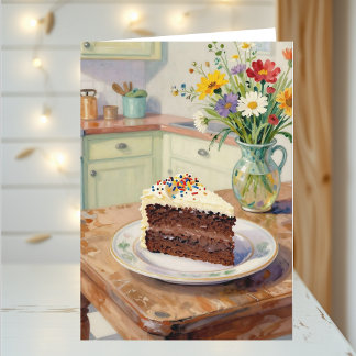 Tarjeta Un Cumpleaños Hermoso con Flores y Tarta Bonitos