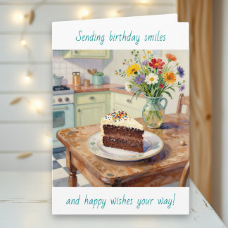 Tarjeta Un Cumpleaños Hermoso con Flores y Tarta Bonitos