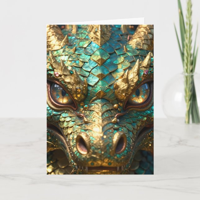 Tarjeta Un dragón místico turquesa y dorado (Anverso)