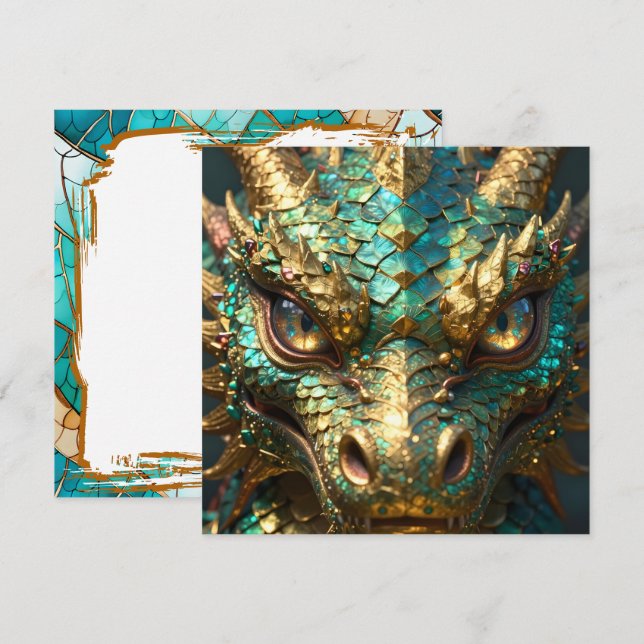 Tarjeta Un dragón místico turquesa y dorado (Anverso / Reverso)