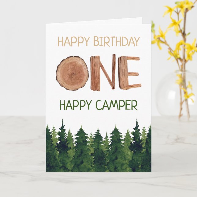 Tarjeta Un feliz camper acuarela niños primer cumpleaños (flor amarilla)