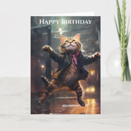 Tarjeta Un Gato Alegre Bailando En El Cumpleaños De La Llu