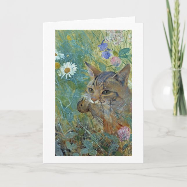 Tarjeta Un gato atrapó un pájaro, Bruno Liljefors (Anverso)