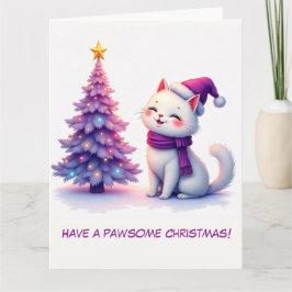 Tarjeta Un gato blanco y un árbol de Navidad ilustrados