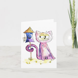 Tarjeta Un gato chiflado y delicioso con un hogar de aves