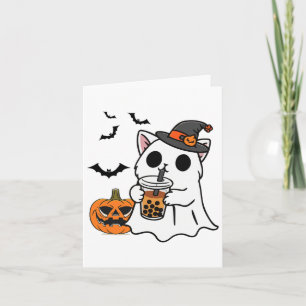 Tarjeta Un Gato De Halloween Con Vestido De Fantasma Beber