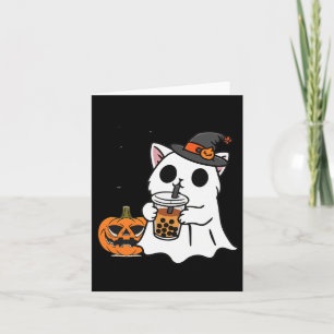 Tarjeta Un Gato De Halloween Con Vestido De Fantasma Beber