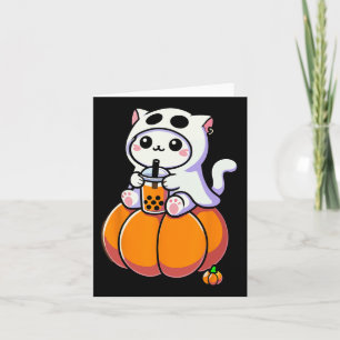 Tarjeta Un Gato De Halloween Con Vestido De Fantasma Beber