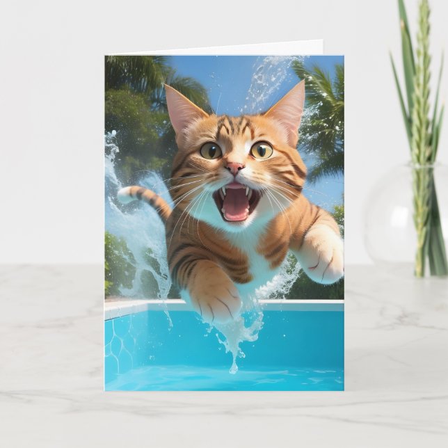 Tarjeta Un gato dulce nadando en la piscina Funny Blanc (Anverso)