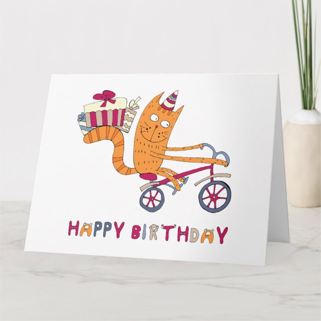 Tarjeta Un gato en una bicicleta lleva regalos de cumpleañ (Anverso)