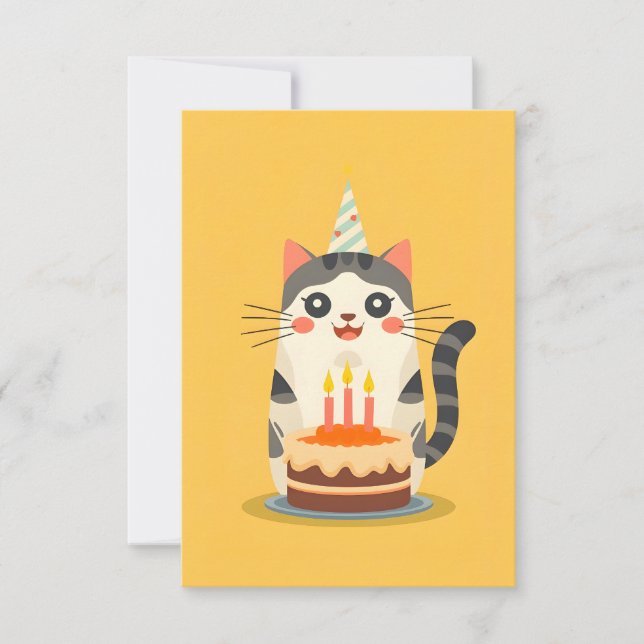 Tarjeta Un gato lindo con torta de cumpleaños (Anverso)