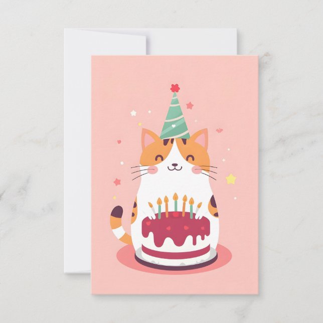 Tarjeta Un gato lindo con torta de cumpleaños (Anverso)