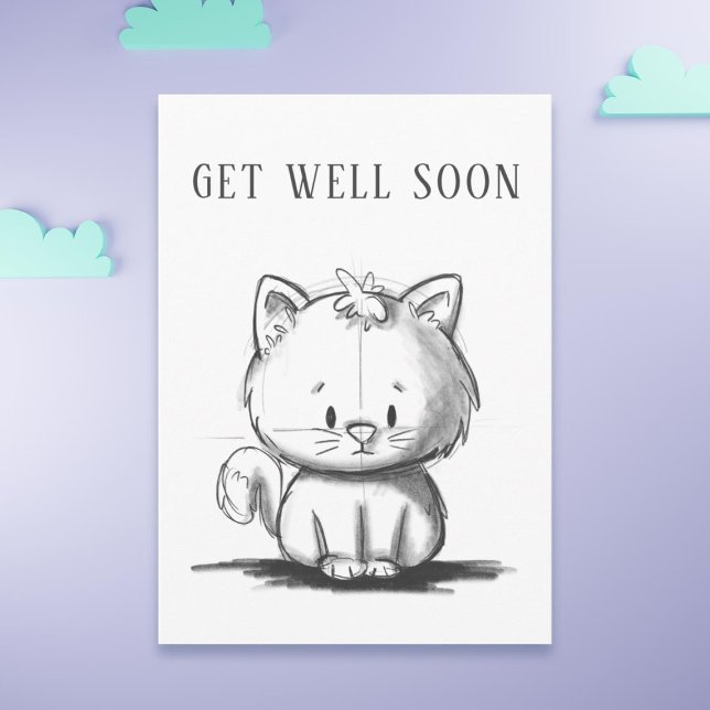 Tarjeta Un gato Motivador se pone bien (Adorable get well soon card with a sketch illustration of a cat)