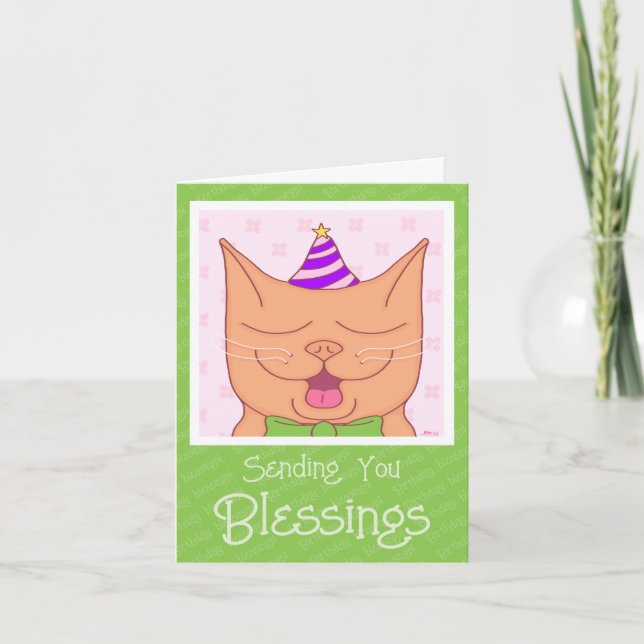 Tarjeta Un gato Naranja con bendiciones de Gorras de cumpl (Anverso)