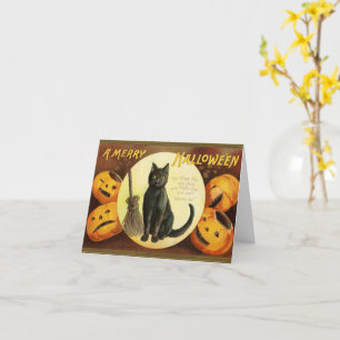 Tarjeta Un Gato Negro de Halloween Antiguo con Calabazas A