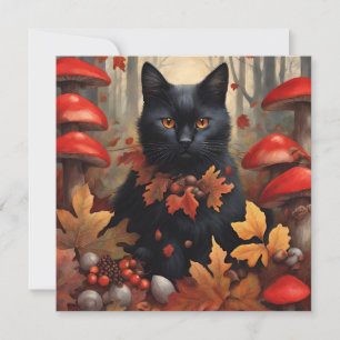 Tarjeta Un gato negro lindo en el bosque otoñal