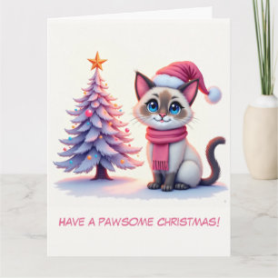 Tarjeta Un gato siamés y un árbol de Navidad ilustrados
