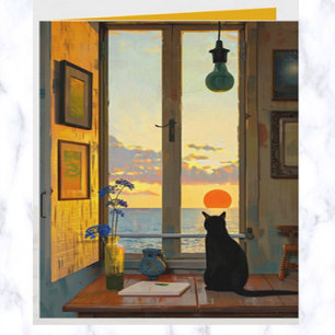 Tarjeta Un gato solitario y editable viendo un atardecer