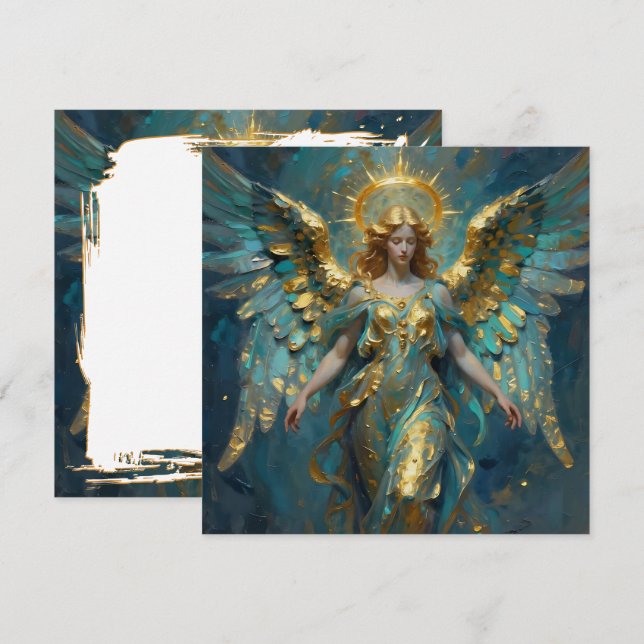 Tarjeta Un hermoso ángel de oro y turquesa en blanco (Anverso / Reverso)