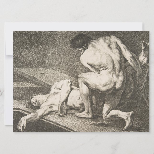 Tarjeta Un hombre levanta las piernas de otro hombre (Anverso)