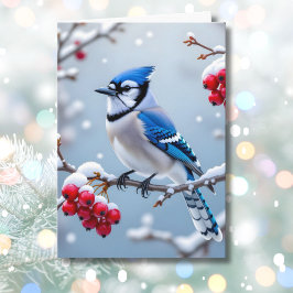 Tarjeta Un Jay Azul Bonito en una rama de Navidades Snowle
