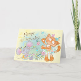Tarjeta Un lindo cumpleaños feliz para gato y ratón