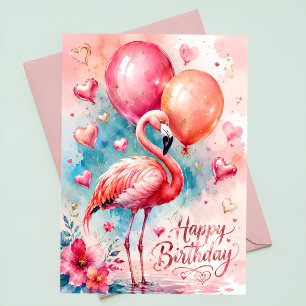 Tarjeta Un lindo flamenco con globos corazón cumpleaños 