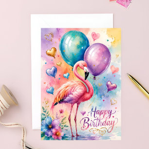 Tarjeta Un lindo flamenco con globos corazón cumpleaños