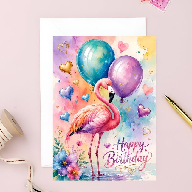 Tarjeta Un lindo flamenco con globos corazón cumpleaños  (Subido por el creador)