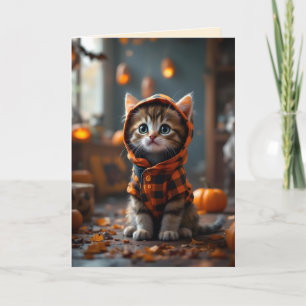 Tarjeta Un lindo gatito con un abrigo negro y naranja en H