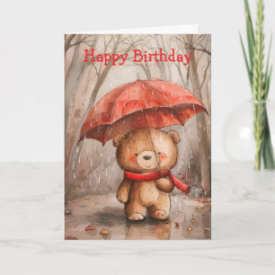 Tarjeta Un lindo osito de peluche en el cumpleaños lluvios
