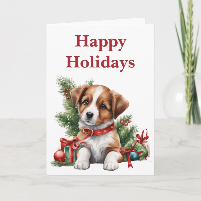 Tarjeta Un Navidad lindo cachorro Navidades en blanco (Anverso)