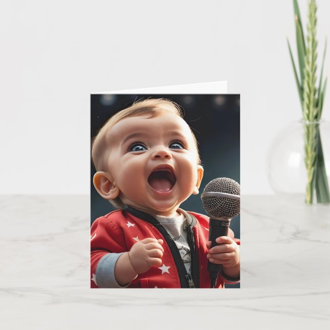 Tarjeta Un niño adorable cantando con entusiasmo en blanco (Anverso)