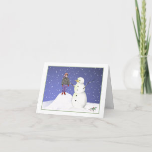 Tarjeta Un niño y un muñeco de nieve
