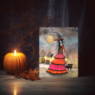 Tarjeta Un Paseo de Halloween Bruja y Gatos de Fantasía