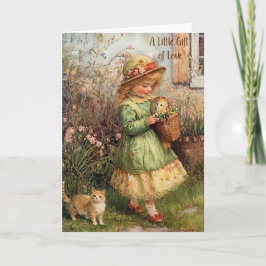 Tarjeta Un pequeño regalo de amor niña con gatito vintage